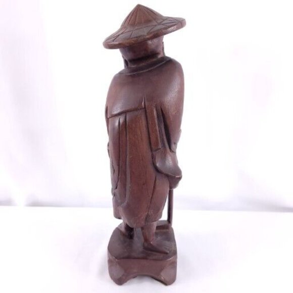 Genuine Camphor Wood Hand Carved In Taiwan Smiling Asian Man Statue 12" - Picture 5 of 7